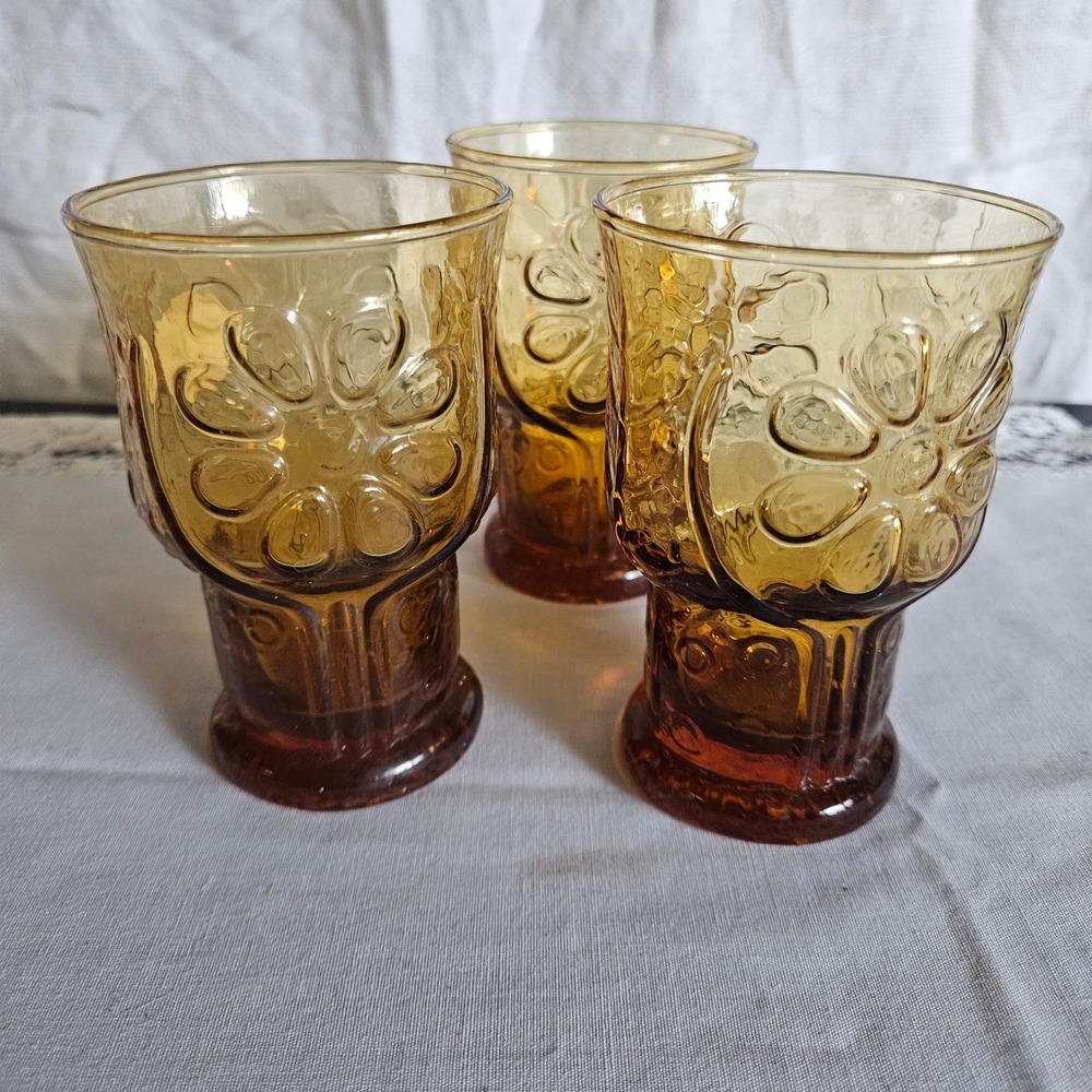 Vtg Libbey "Country Garden" Daisy Pattern Amber Glass Juice Tumblers, set of 3